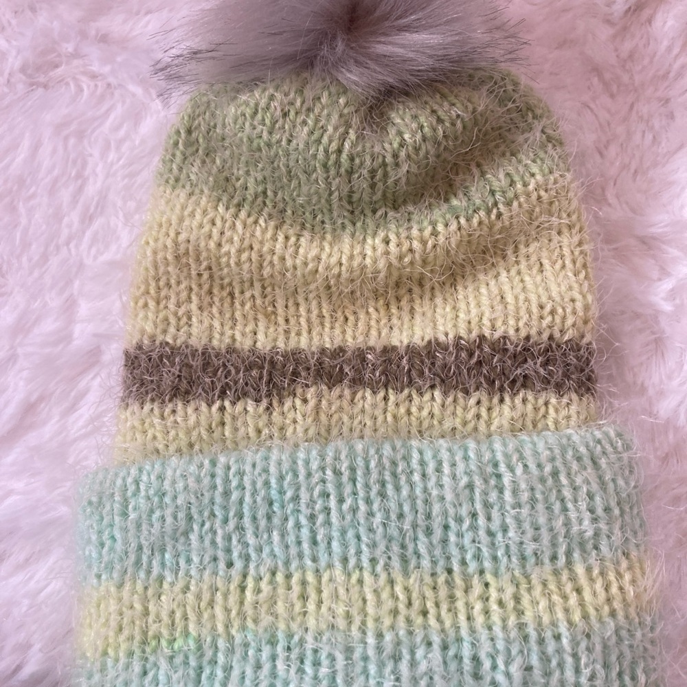Soft shades ofGreen,Cream,blue Knitted Winter Hat. Super soft ,warm. Hand made